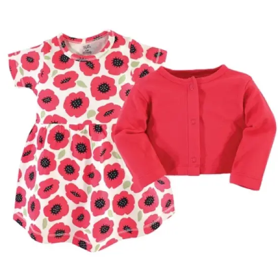 Touched by Nature Baby and Toddler Girl Organic Cotton Dress and Cardigan 2pc Set, Poppy image {1}
