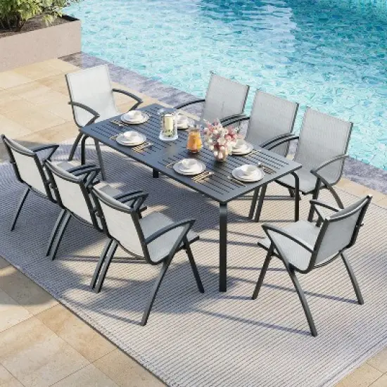 7 PCS Aluminum Patio Dining Set, Outdoor Furniture Set with 6 Stackable Aluminum Dining Chairs and Aluminum Square Table, Black image {2}