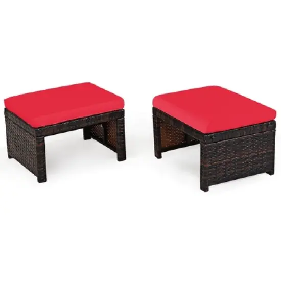 Costway 2PCS Patio Rattan Ottoman Cushioned Seat Foot Rest Furniture Turquoise\Red\White image {8}