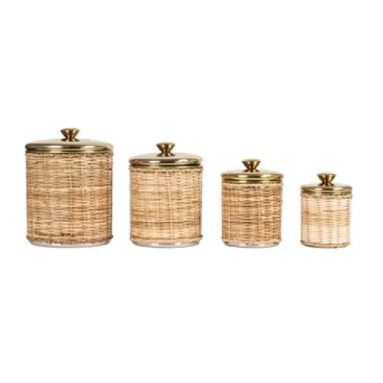 Storied Home Rattan Wrapped Stainless Steel Canisters, Set of 4, Brass Finish image {7}
