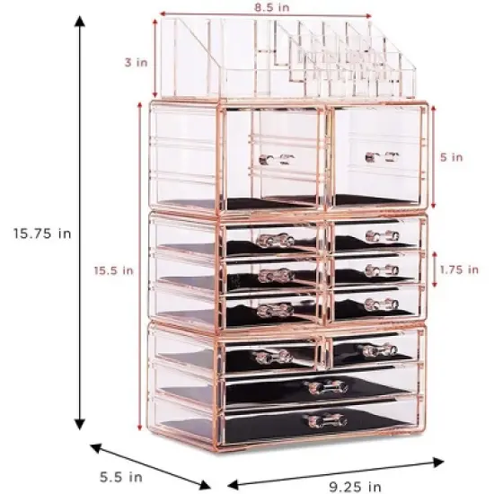Sorbus X-Large Clear Pink Makeup Organizer Case - 4 Piece Set (12 Drawers) image {2}