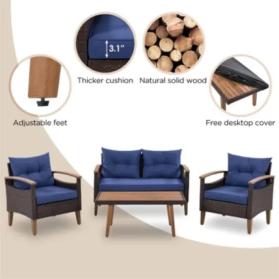 FIONECA 4-Piece Patio Furniture Set, PE Rattan Outdoor Sofa with Cushions & Wood Table, Garden Conversation Set, Brown & Blue image {4}