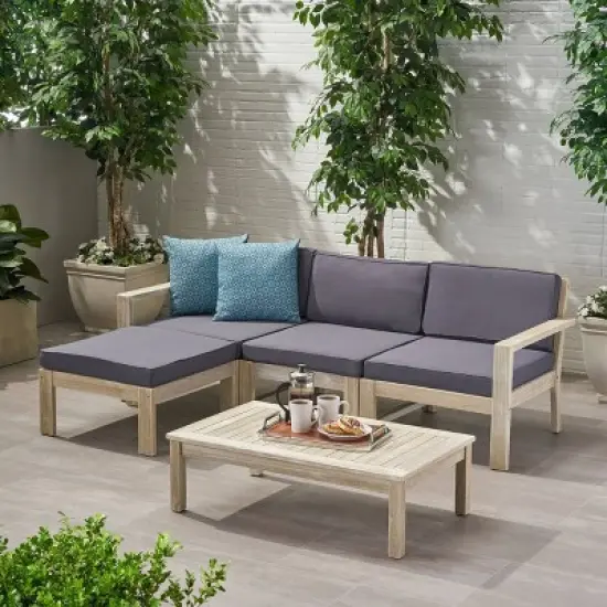 5pc Santa Ana Acacia Wood Patio Sofa Sectional Set - Christopher Knight Home image {7}