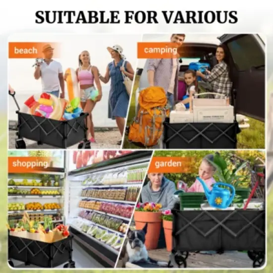 FURNIinspire Outdoor Serving Carts Fish 400L Collapsible Wagon Beach Wagon with Big Wheels for Camping, Sports, Black, 36.22"*22.05"*39.37" image {4}