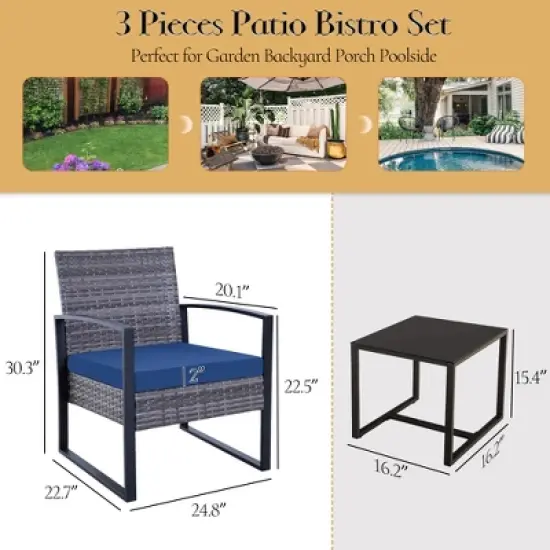 JUJABU 3 Piece Gray Wicker Outdoor Furniture Set with Cushions and Coffee Table image {2}