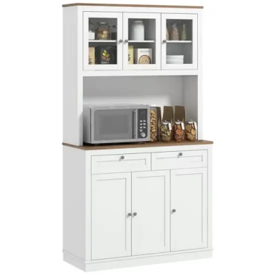 HOMCOM 71" Tall Kitchen Pantry Storage Cabinet with 2 Drawers, Microwave Cabinet with Adjustable Shelves and Glass Doors, White image {6}