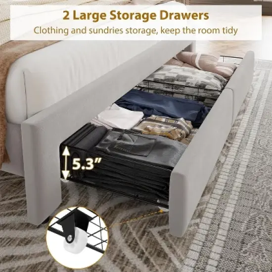 Bed Frame with 2 Storage Drawers, Vintage Velvet Upholstered Bedframe with Wooden Slat Support and Button Tufted Wingback Headboard image {4}