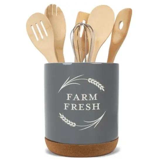 Elanze Designs Farm Fresh Country Kitchen Wheat Laurel Ceramic Cork Bottom Gray Large Capacity Utensil Holder Crock for Countertop Storage, Stylish & image {4}