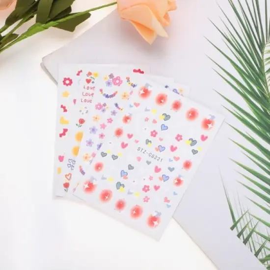 Unique Bargains Self-Adhesive Heart Floral Pattern Nail Art Stickers Pink Yellow 4 Pcs image {4}
