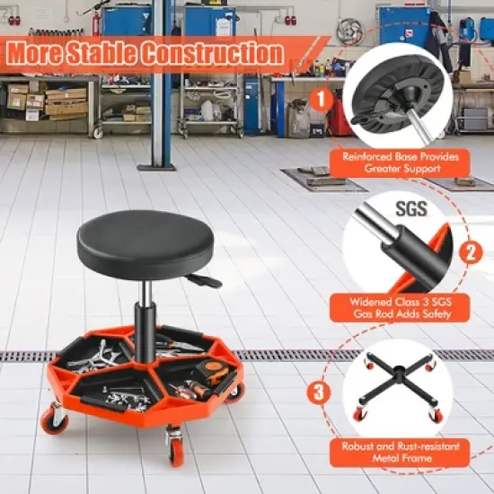 Costway Heavy-Duty Adjustable Height Rolling Stool withTool Tray Storage 330 LBS Capacity image {7}