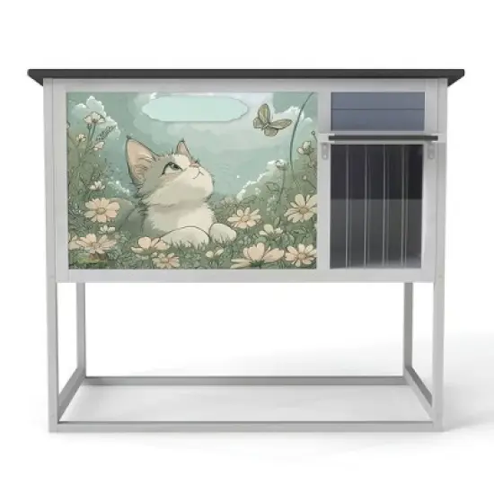 Resenkos Elevated Cat Shelter, Weatherproof Feral Home With High Legs, Curtained & Escape Door, Openable Top, Gray image {13}