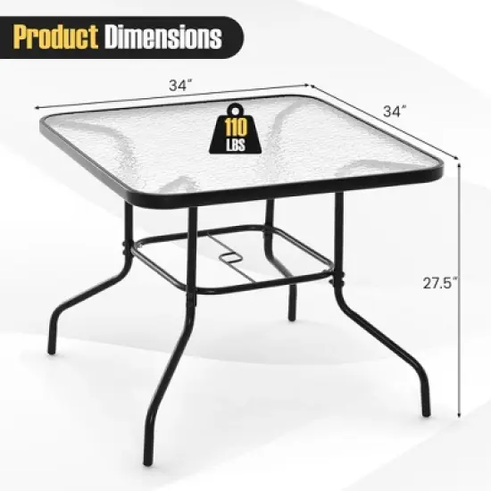 Costway 34 Inch Outdoor Dining Table Square Tempered Glass Table with 1.5" Umbrella Hole image {2}