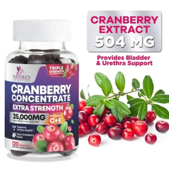 Cranberry Gummies 50:1 Cranberry Extract - Urinary Tract Support Made with 25,000mg, Helps Cleanse & Protect - 120 Gummies By Nature's Nutrition image {7}