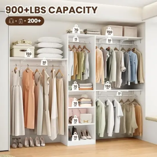 SEVOBAL Freestanding Coat Racks 5 Shelves and 4 Rods Heavy-Duty Wood Closet Organizer System， Adjustable Storage for Using, White, 15.8"*96.1"*75" image {1}
