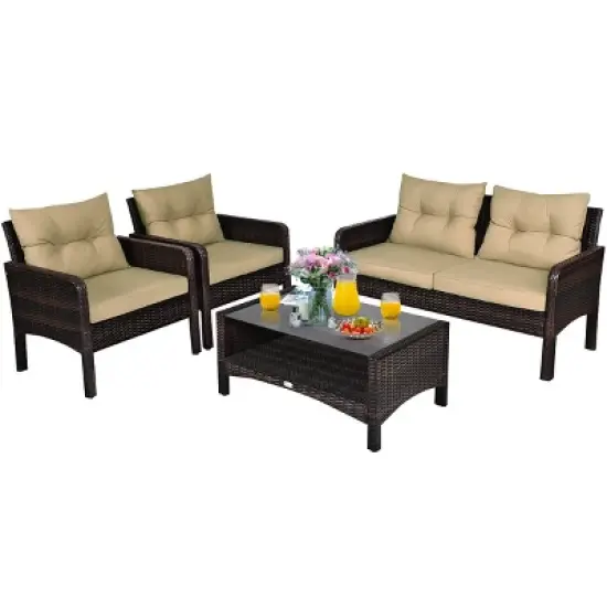 Costway 4PCS Patio Rattan Furniture Set Loveseat Sofa Coffee Table Garden W/ Cushion image {2}