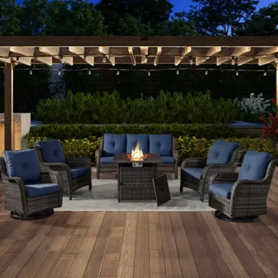 6 Pieces Wicker Patio Furniture Set with Propane Fire Pit Table, All Weather Wicker Patio Set with Square Fire Pit Table and Swivel Patio Chair image {18}