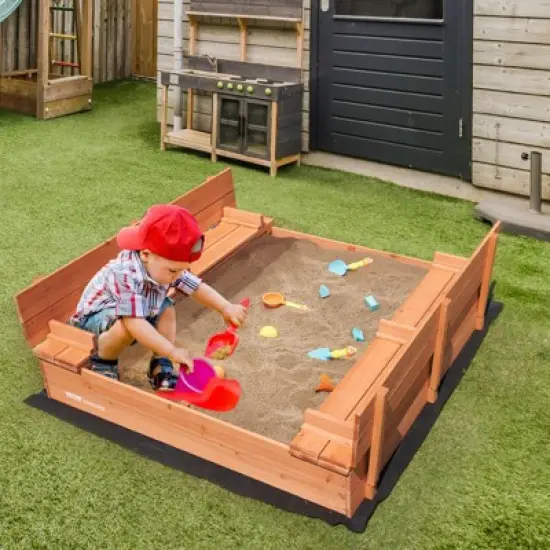 VEVOR Wooden Sandbox, 52.4 x 47.2 x 16.9 in Sand Box, Sand Pit with Foldable Bench Seats and Bottom Liner, Gift for Boys Girls Ages 3-12 image {1}