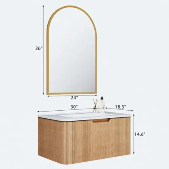 PexFix 30" Wall-Mounted Floating Solid Wood Bathroom Vanity with Mirror Modern Curved Edge Storage Bathroom Cabinet in Walnut with Ceramic Basin image {2}