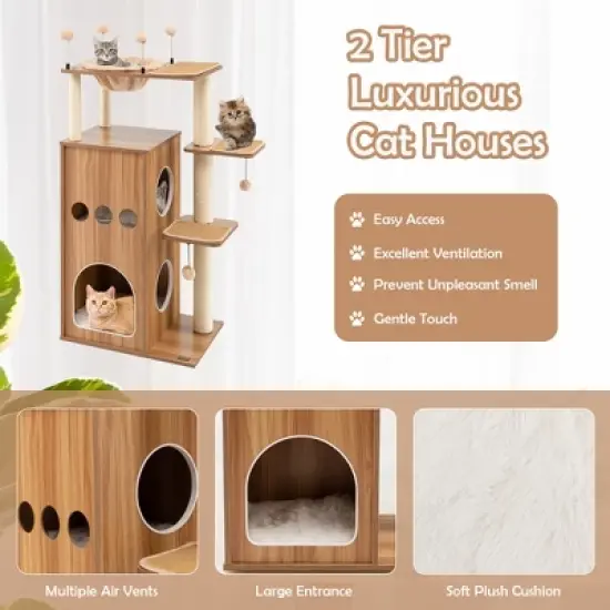 Costway 52'' Modern Cat Tree Tower Multi-level Cat Play Center w/Deluxe Hammock Natural image {6}