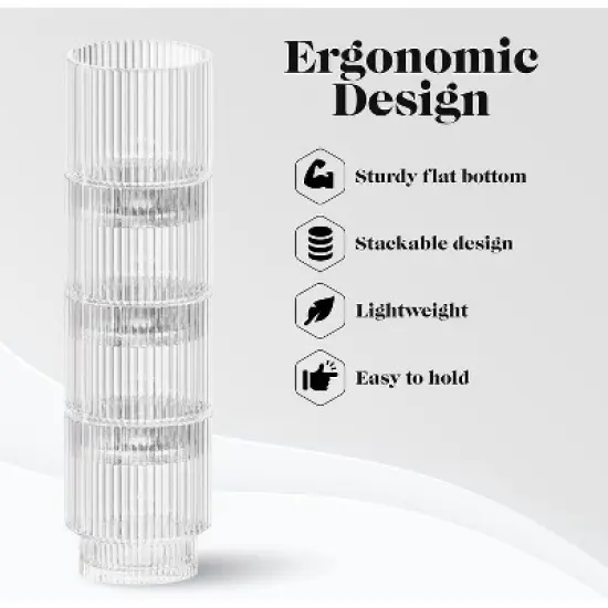 American Atelier Vintage Art Deco 9 oz. Fluted Drinking Glasses Set of 4, Old Fashion Tumbler for Cocktails, Ribbed Lowball Glass Cup, Clear image {3}