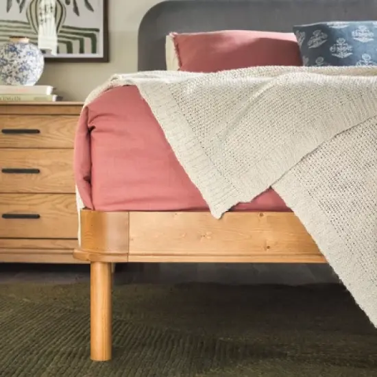 Saracina Home Contemporary Solid Wood and Curved Fabric Headboard Bed English Oak/Gray image {2}