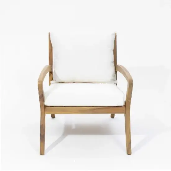 LuxenHome Outdoor Acacia Wood Side Table and Set of 2 Armchairs with White Cushions image {4}