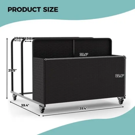 Outdoor Pool Float Storage with Wheels, PE Rattan Poolside Storage Bin Basket with Compartments and Side Shelves for Patio image {1}