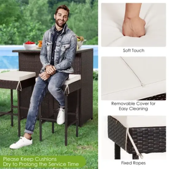 Tangkula 3PCS Patio Wicker Rattan Bar Set Table w/2 White Cushioned Stools image {5}