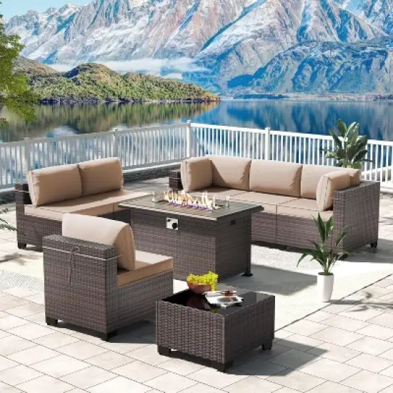 ALAULM 8 Pieces Outdoor Patio Furniture Set with 43" Gas Propane Fire Pit Table PE Wicker Rattan Sectional Sofa image {13}