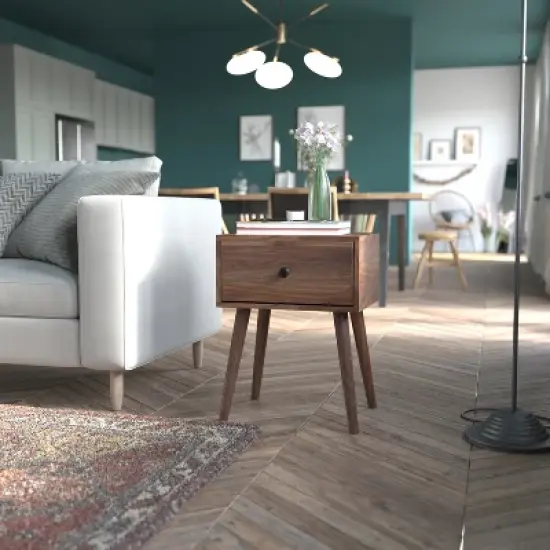 Emma and Oliver Mid-Century Modern Wooden Night Stand with Soft Close Drawer and Sleek Tapered Legs with Protective Floor Glides in Dark Walnut image {1}