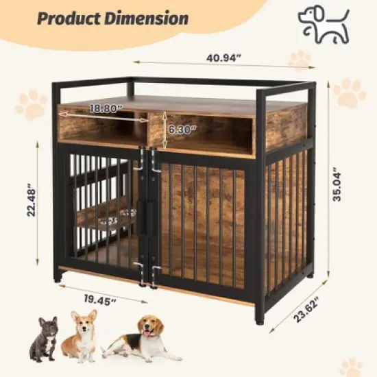 Dog Crate Furniture, Large Dog Cage for Large/Medium Dog, 48 Inch Dog Kennel with Adjustable Raised Feeders, Indoor Heavy Duty Metal Dog Crate image {1}