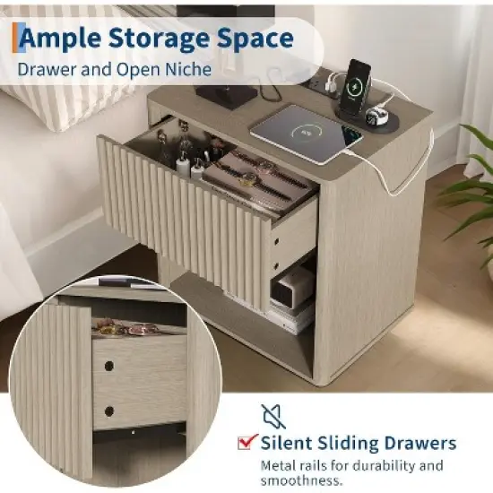 Fluted Nightstands Set 2, Side Tables, Modern Mid Century End Table with Drawer, Farmhouse Bed Side Tables for Bedroom Living Room Sofa Couch, Grey image {3}