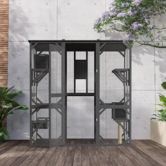 68'' Wooden Catio - 4-Tier Outdoor Cat Enclosure w/ 2 Doors, Scratching Post & UV Protection for Multiple Cats image {5}