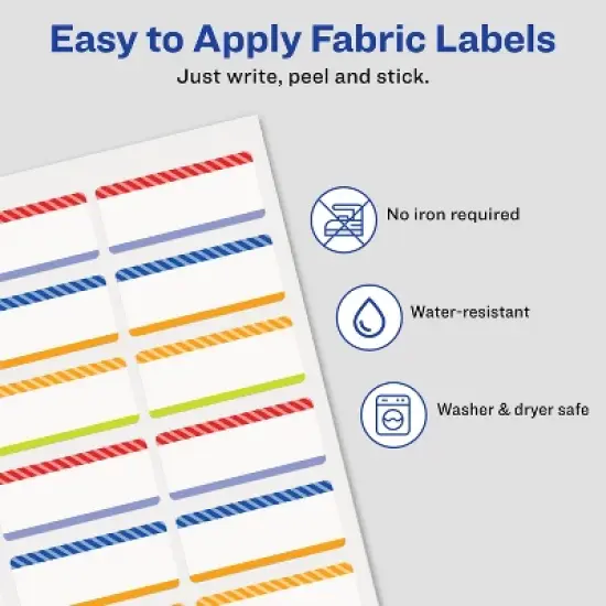 Avery No-Iron Fabric Name Labels, Playful Stripes Preprinted Designs, Handwrite Only, 24 Preprinted Labels (40774) image {3}