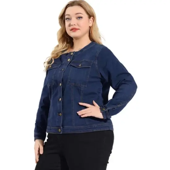 Agnes Orinda Women's Plus Size Jean Jacket Long Sleeves Collarless Denim Jacket image {3}