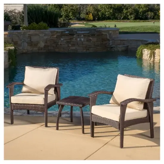 Honolulu 3pc Wicker Patio Chat Set with Cushions - Brown - Christopher Knight Home image {2}