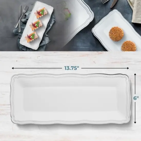 Posh Setting 13.75 X 6 Inch Rectangle White and Silver Rim Plastic Serving Tray - 6 Pack image {3}