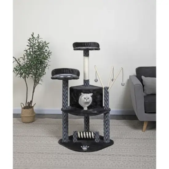 Go Pet Club 50" Black Cat Tree House with Dangling Toys F19 - Black image {1}