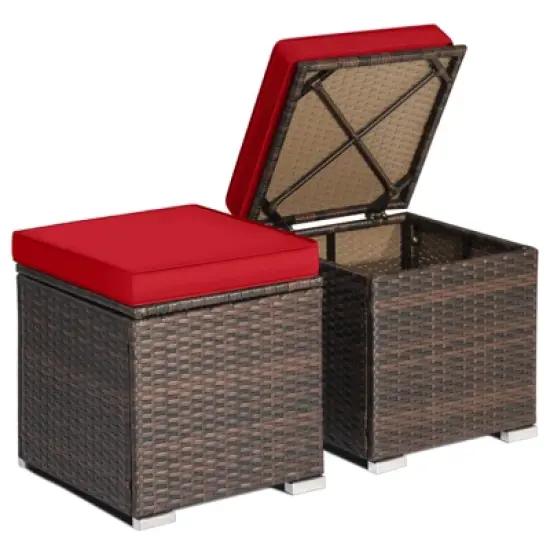 Tangkula 2 Pieces Patio Ottoman Outdoor Wicker Footstool Storage Box Side Table w/ Solid Metal Frame Additional Seating w/ Removable Cushions Beige/Off White/Red/Turquoise/Gray/Navy image {11}