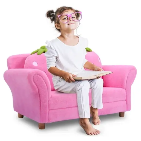 Tangkula Kids Sofa Cute Sofa Strawbwrry Sponge Filler Upholstered Lounge w/ Armrest image {7}