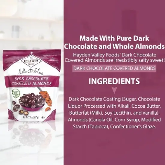 Hayden Valley Foods Dark Chocolate Covered Almonds | 20 oz Resealable Bag | Flavored Snack Nuts | No Artificial Flavors, Preservatives or Colors image {1}
