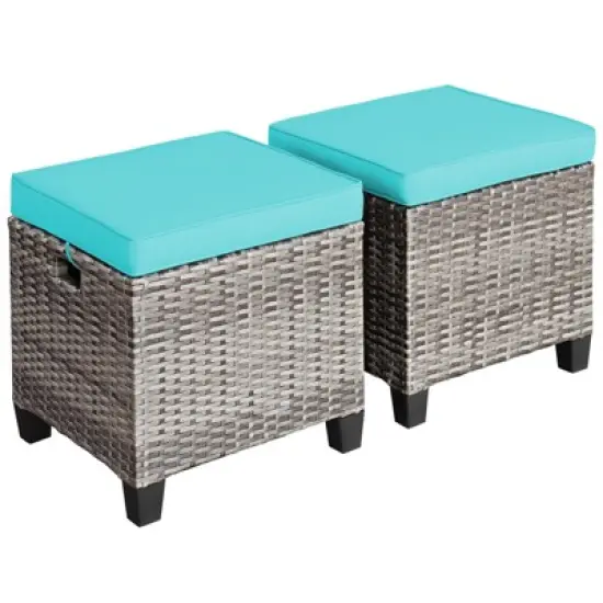 Tangkula Set of 2 Outdoor Rattan Cushioned Ottoman Seat All Weather Patio Footrest Red/Turquoise image {5}