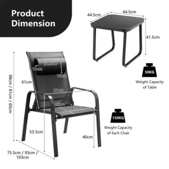 Tangkula 3PCS Patio Adjustable Back Stackable Chairs Side Table Set Bistro Set Classic Furniture Chair Set for Garden Black/Brown/Grey image {3}
