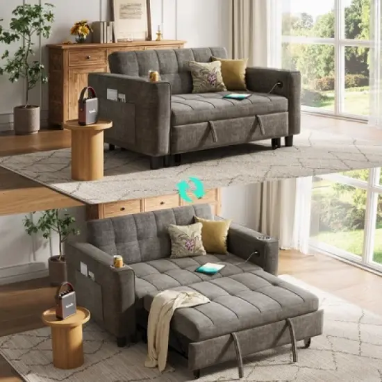 3-in-1 Convertible Sofa Bed, 54" Pull Out Sleeper Sofa with Charging Station & Cup Holder image {5}