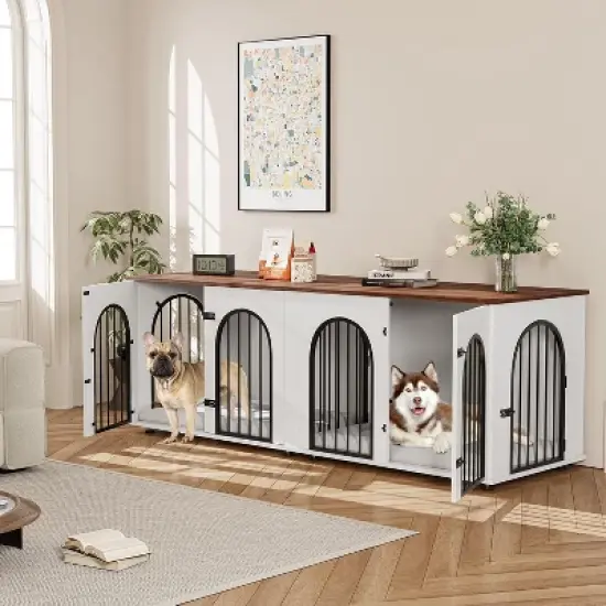 71" Large Dog Crate Furniture for 2 Dogs, Wooden Double Dog Crate, Indoor Dog Kennel TV Stand with Divider and Cushion for Large Medium Dogs,White image {8}