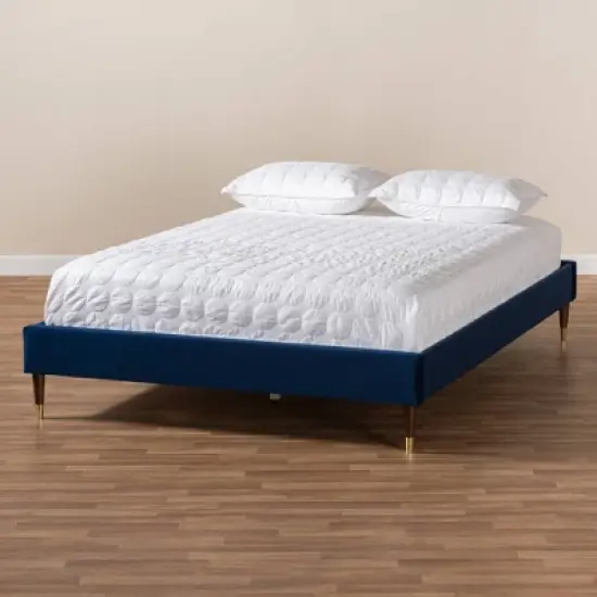 Full Volden Velvet Wood Platform Bed Frame Blue - Baxton Studio image {5}
