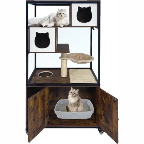 Litter Box Enclosure, Wooden Metal Frame Hidden Cat Washroom On Wheels with Hammock, Cat Tree with Litter Box Furniture, Cabinet image {2}