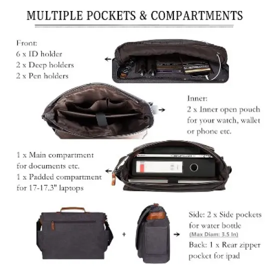 Messenger Bag 17Inch Laptop Bag Water-resistant Canvas Computer Shoulder Bag Briefcase image {3}