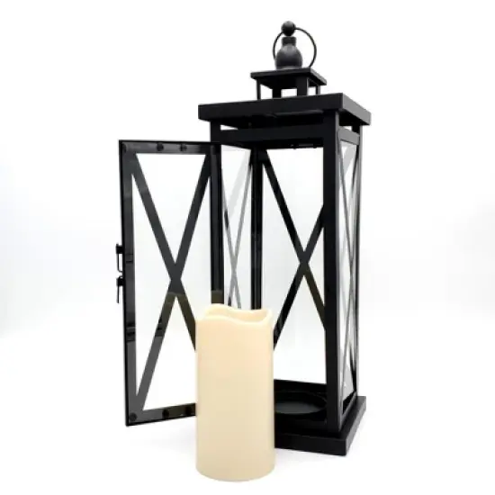 LumaBase Metal Lantern with Battery-Operated Candle - Black Crisscross image {3}