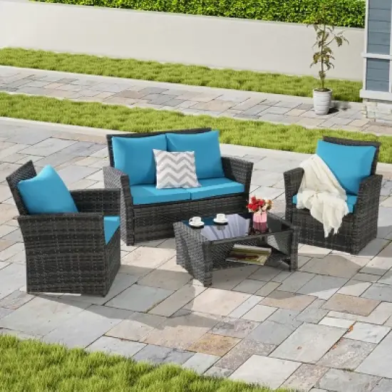 4 Piece Outdoor Wicker Patio Furniture Sets,Rattan Garden Furniture Sofa Set,Poolside Sofas with Cushions and Glass Coffee Table-Coolbibila image {10}